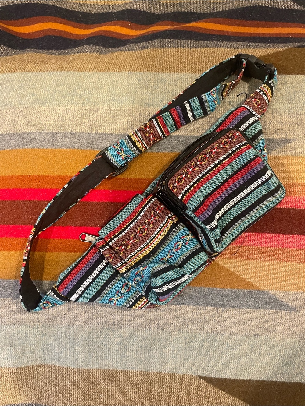 Striped Boho Woven Fanny Pack - Turquoise Multi
